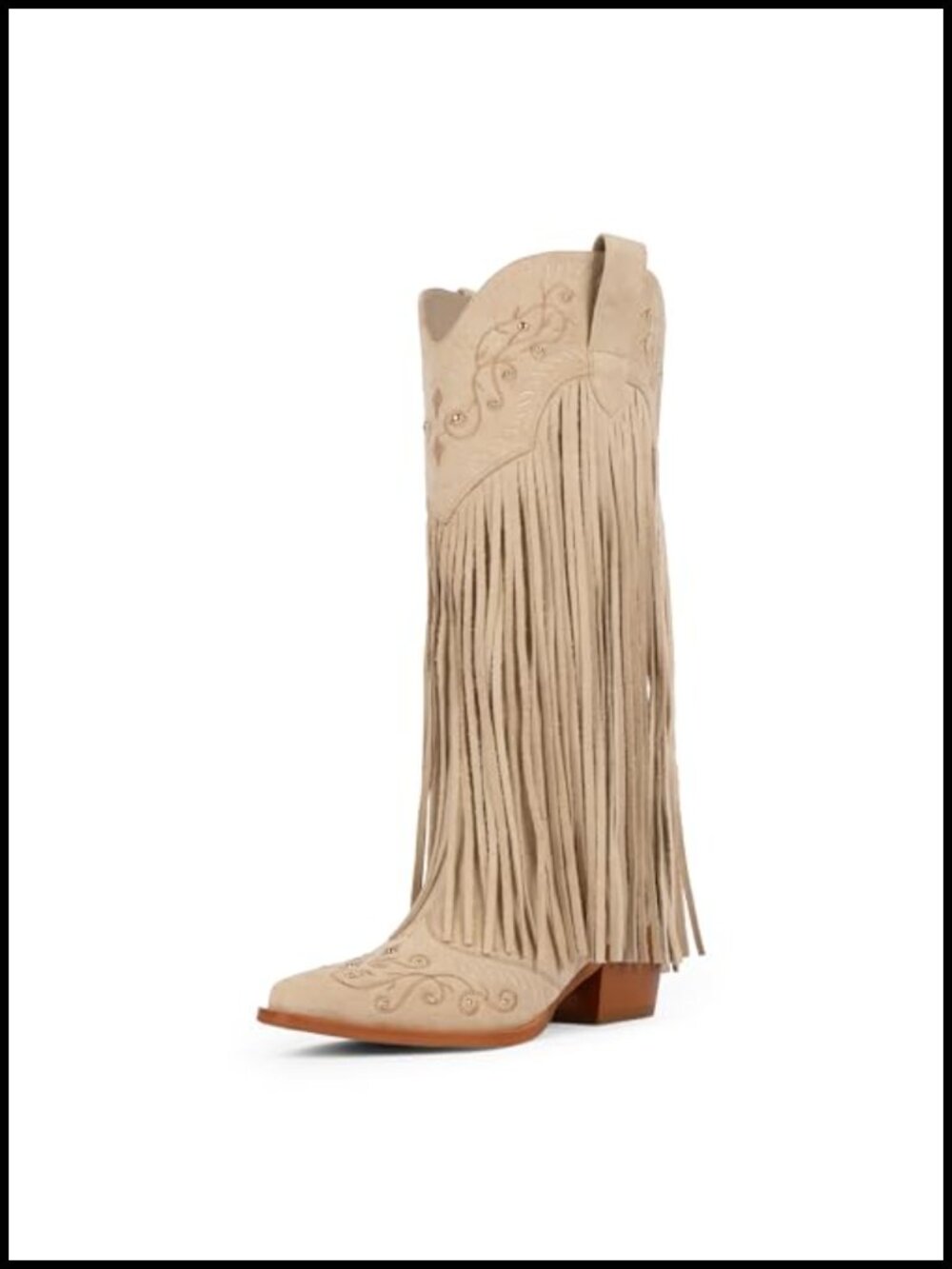 Fringe Cowboy Boots for Women Knee High Cowgirl Boots Pointed Toe Chunky Heel